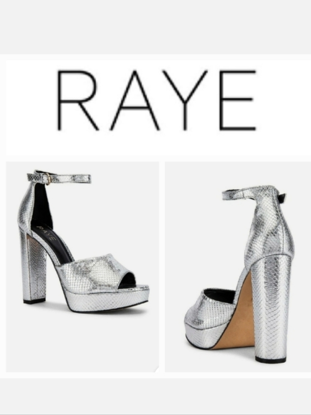 RAYE Dune Leather Platform Heels Metallic Silver Snakeskin Embossed Sz 10